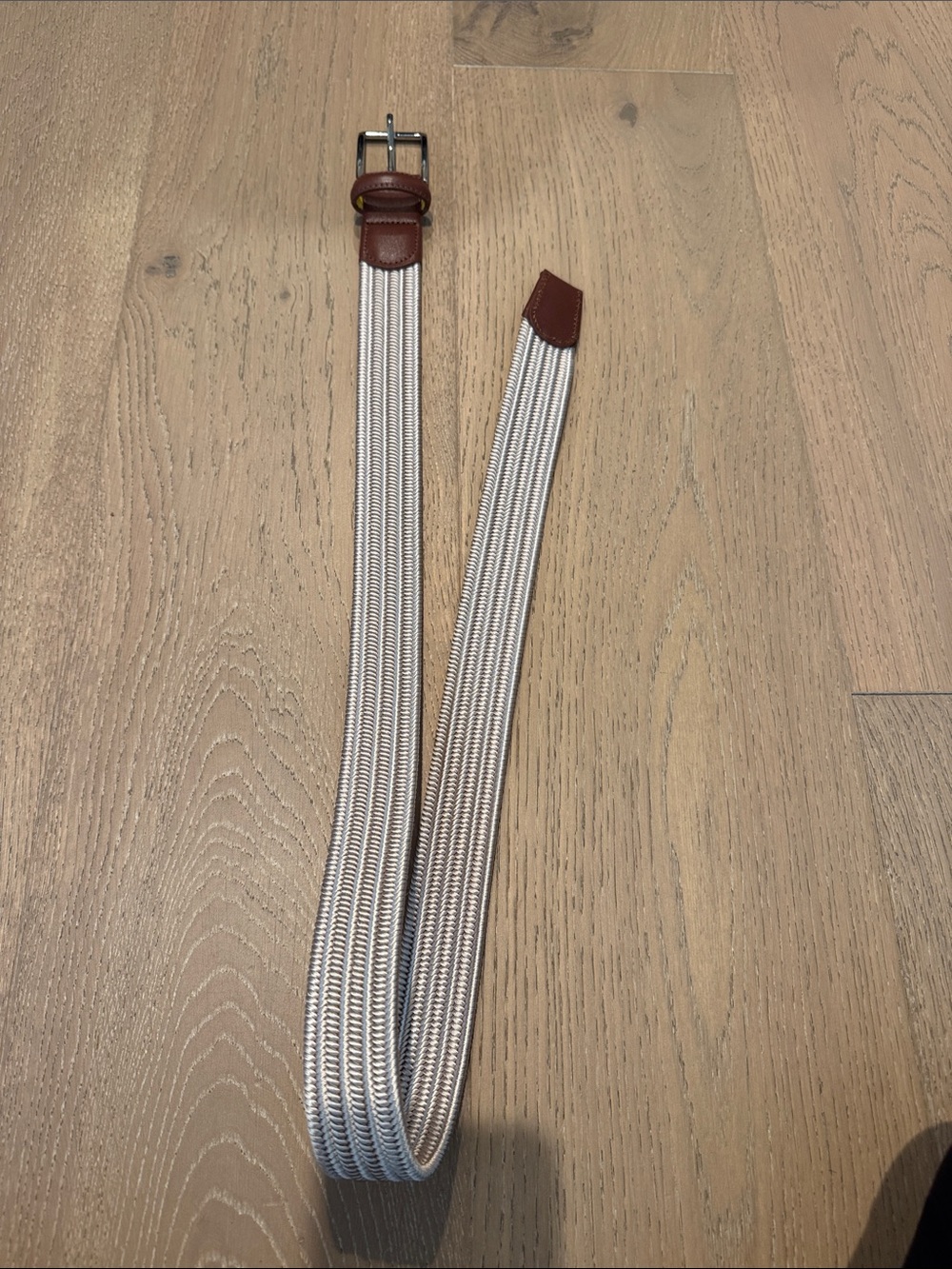 Ghost Golf Men's Stretch Woven Belt with Brown Leather Trim - cream/tan color